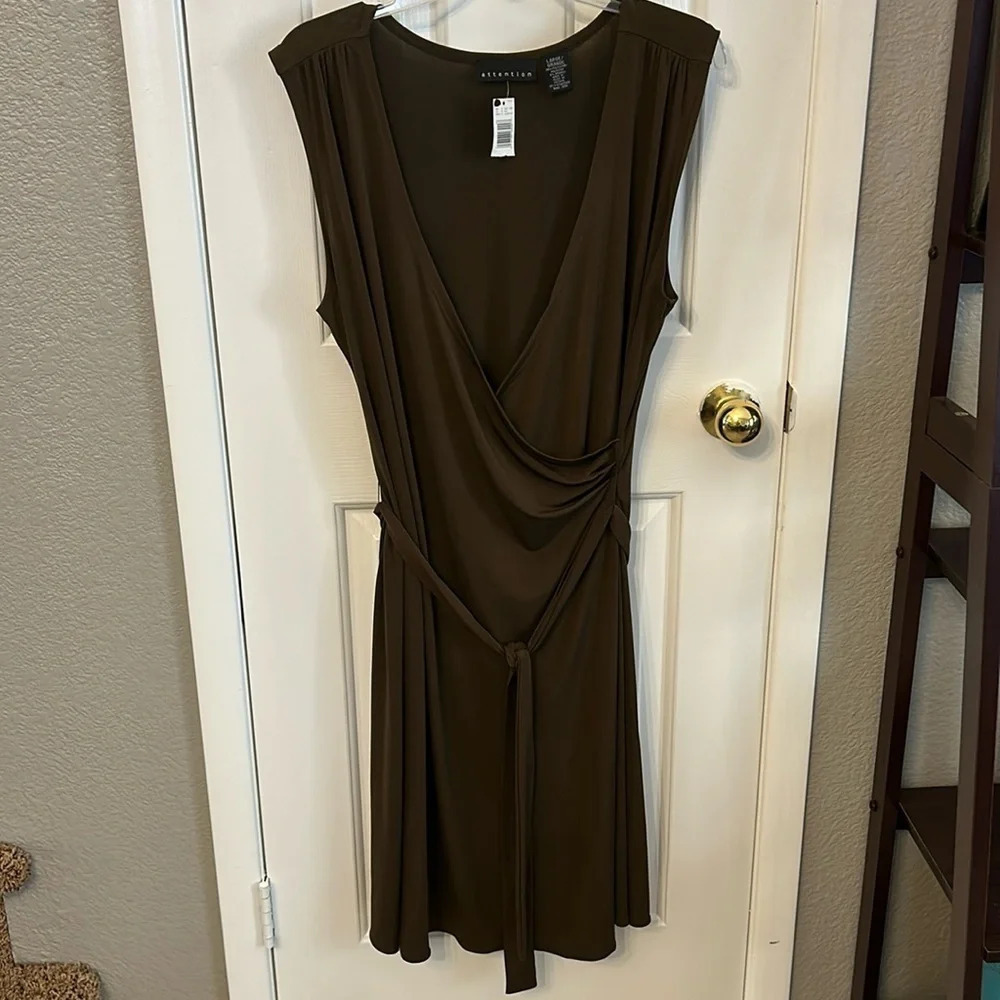Attention Women’s (L) Sleeveless Brown Deep V Neck Draped Wrap NWT Stretch Dress